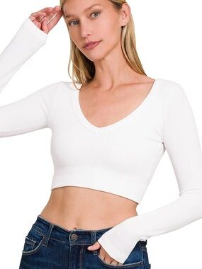 ZENANA White Ribbed V-Neck Cropped Long Sleeve Y2K Top S/M NEW Basics Clean Girl
